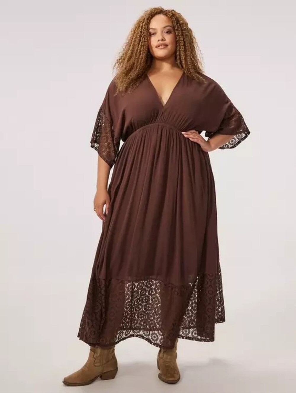 Torrid Festi Boho Brown Flowy V Neck Lace Detail Maxi Dress Women's Plus Size 1X